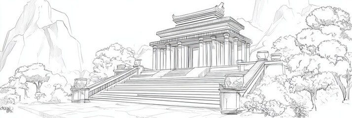 Fototapeta premium Architectural sketch of temple stairs landscape.