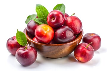 Fresh ripe cherries in a bowl with green leaves, isolated on a white background, showcasing natural, healthy, and delicious fruit