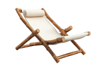 Serene bamboo chaise lounge, perfect for a tranquil afternoon nap, featuring a creamy canvas sling and headrest against a bright white background.