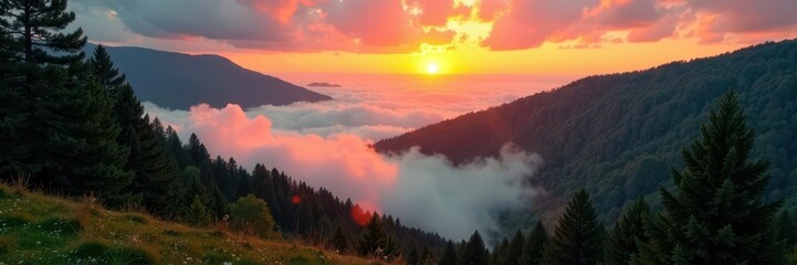 Naklejka premium Sun rises over ancient Carpathian forest, fog swirling below , wild, forest