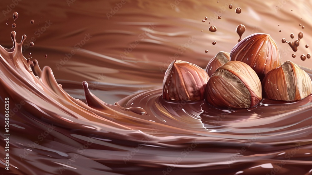 Poster Hazelnuts cascading and creating ripples in chocolate cream