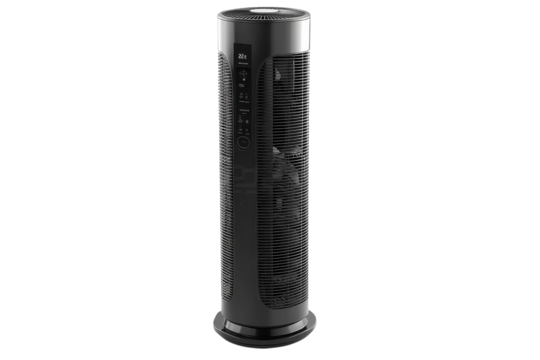 Sleek black tower air purifier silently purifying your home, a modern design enhancing any room's aesthetic.