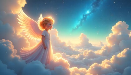Angel Girl Soaring Above Clouds in Dreamlike Sunset Sky