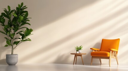 This chic image captures a stylish orange chair illuminated by soft natural light with green plants nearby, creating a harmonious and inviting atmosphere in a living area.