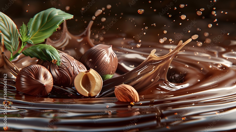 Poster hazelnuts and chocolate pralines making a splash in a pool of melted chocolate