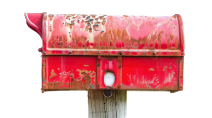 Old rusty red mailbox on transparent background showing deterioration