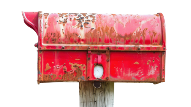 Old rusty red mailbox on transparent background showing deterioration