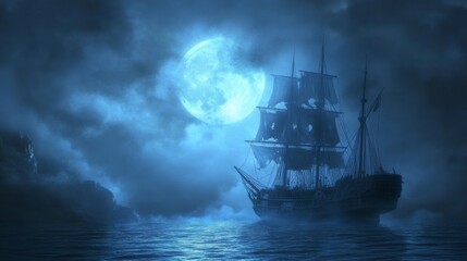 Old Ship Sailing on the Sea at Night with Full Moon