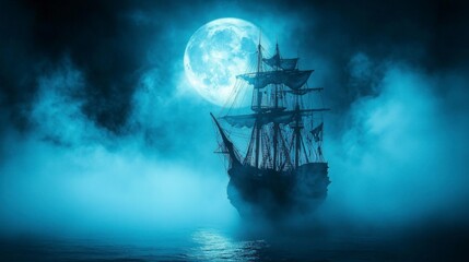 Sailing Ship in Fog with Moonlit Sky Adventure and Fantasy Theme