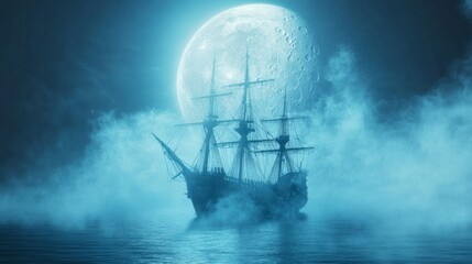 Fototapeta premium Sailing Ship Silhouette Against Giant Moon in Foggy Night Scene