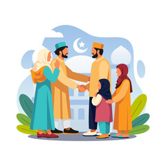 Fototapeta premium Family and friends gather to celebrate Eid al-Fitr while shaking hands and hugging after Eid prayer. Vector illustration. Eid celebration. Happy Ramadan. Islamic flat design.