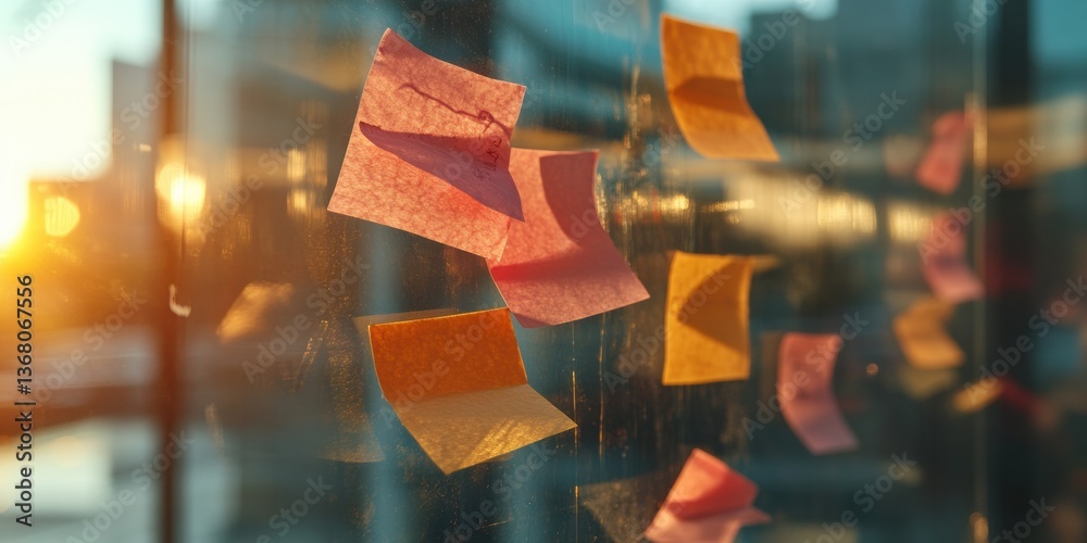 Poster Hybrid Workflow Innovation Dynamic Brainstorming Visualization with Warm-Toned Sticky Notes on Transparent Glass - Agile Collaboration and Strategic Ideation Techniques