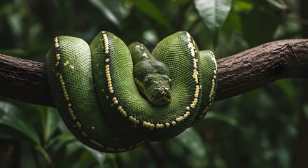 Green Tree Python: Emerald Scales, Serene Pose, Lush Rainforest Ambiance