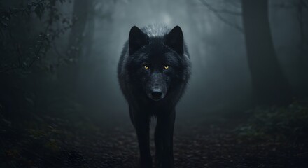 Black Wolf: A Mystical Portrait in a Foggy Forest