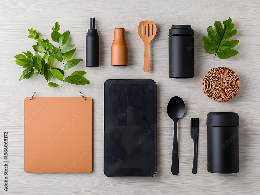 Poster stylish flat lay composition featuring an array of storage containers in various natural materials s