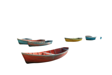 Weathered fishing boats resting peacefully on a tranquil shore, evoking a sense of quiet solitude and the passage of time, against a bright white background.