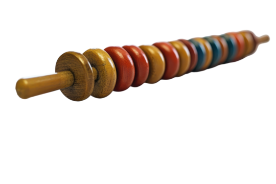 A colorful wooden abacus, a nostalgic childhood toy evoking memories of simple arithmetic and playful learning, with a close-up perspective showing its intricate details.