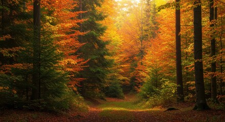 Fototapeta premium Vibrant autumn forest path with colorful foliage and soft sunlight filtering through trees