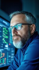 Obraz premium Cyber Vigilance Unleashed Mature Tech Professionals Immersive Blue-Toned Digital Security Monitoring Experience - Next-Gen Cybersecurity Intelligence