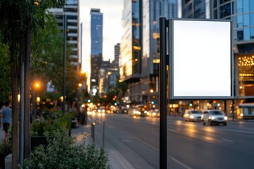 A blank advertising board stands illuminated at sunset, surrounded by city buildings and busy streets that capture the hustle and bustle of urban life during twilight.
