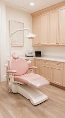 Dental office interior featuring a modern pink chair and cabinetry.