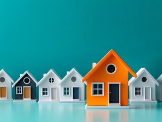 Understated middle class community with rows of plain white model homes  interrupted by a singular striking orange house that commands attention