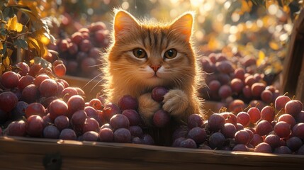 Cute ginger kitten amidst a harvest of plump red grapes