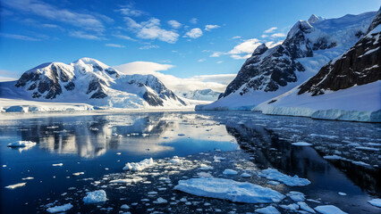 A breathtaking polar landscape featuring snow-capped mountains reflecting in the deep blue waters