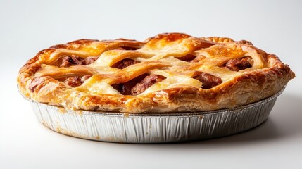 A flaky meat pie in a tin showcases a beautifully woven lattice crust, accentuating the homey appeal of traditional comfort food, perfect for any occasion or celebration.