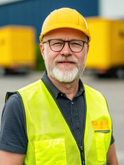 Experienced worker in safety gear with a yellow hard hat and reflective vest, standing in an industrial setting.