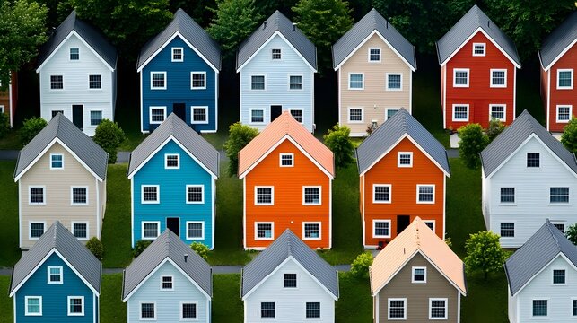 Vibrant suburban neighborhood featuring a collection of modest white houses with one distinct orange home standing out among the parallel structures
