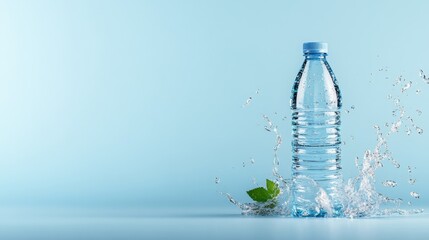A water bottle splashes against a soft blue background, creating a refreshing vibe of calmness and clarity, ideal for marketing wellness products and healthy living.