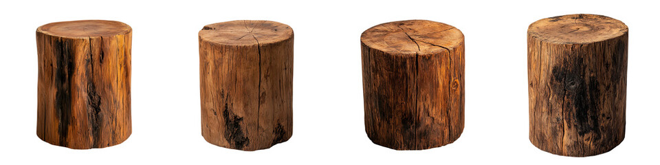 Obraz premium Assortment of natural unfinished wooden logs and stumps in a rustic earthy setting suitable for use as furniture decor or outdoor seating elements