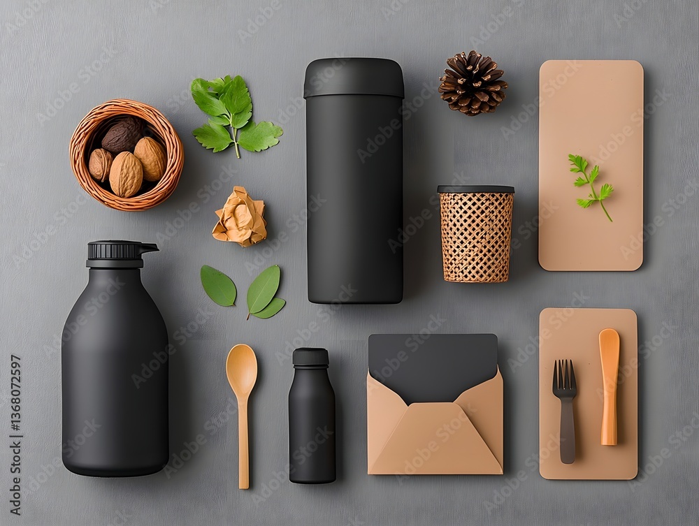 Poster visually appealing flat lay composition of assorted cardboard wicker and metal storage containers in