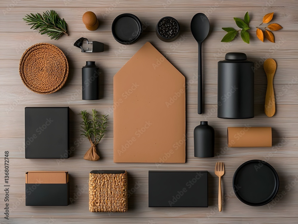 Poster visually appealing flat lay display of various storage containers including cardboard wicker and met