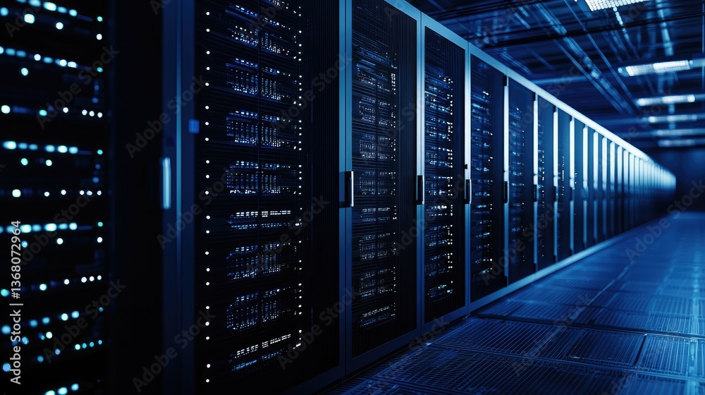 Aufkleber futuristic data center hallway with illuminated server racks and sleek flooring in a blue-lit enviro