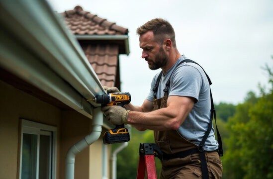 A man on a ladder installing aluminum gutters on the edge of a house roof. He is dressed in simple work attire, focused on securing the gutter with a power drill