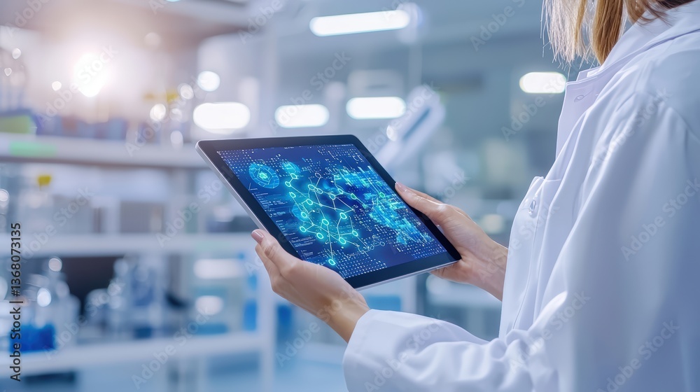Poster a scientist in a lab holds a tablet displaying digital data and graphics, showcasing technology and 