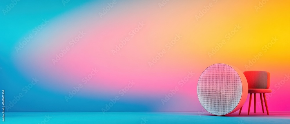 Poster Chromatic Minimalism Gradient Design and Futuristic Product Showcasing Sleek Geometric Spherical Object with Dynamic Color Transition Aesthetic