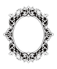Elegant black and white ornate oval frame with intricate floral and baroque-inspired decorations on a white background