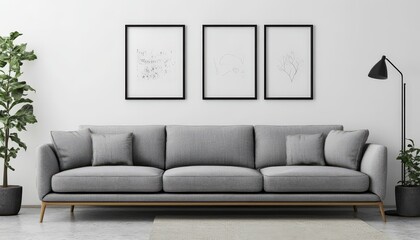 Modern Grey Sofa in Minimalist Living Room with Abstract Wall Art and Floor Lamp