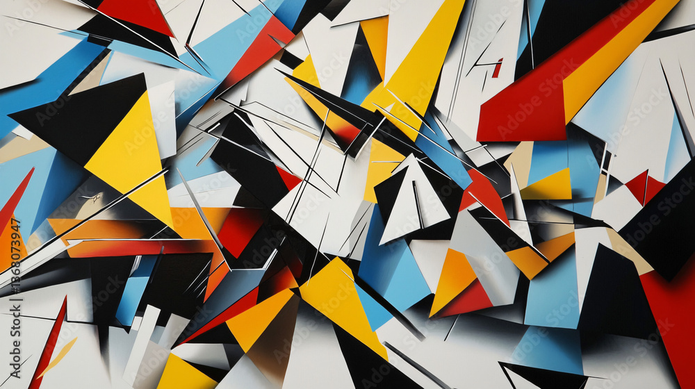 Poster colorful painting showcasing a fragmented composition with a variety of different colors and angular