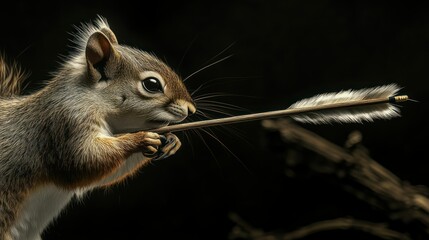 Obraz premium A squirrel aims a miniature arrow as if preparing to shoot for a target.