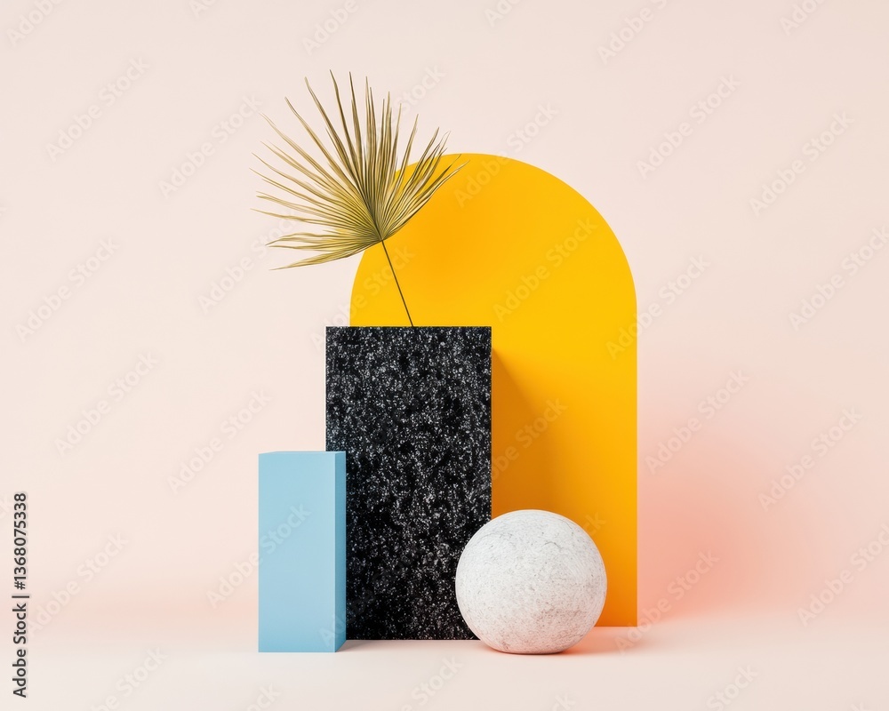 Poster minimalist color block wellness design soft pastel geometric composition with tropical botanical ele