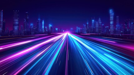 Fototapeta premium Futuristic city highway at night with vibrant neon light streaks.