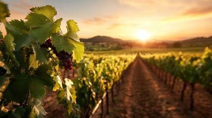 Fototapeta premium A picturesque view of grape vineyards bathed in golden light during sunset, highlighting ripe grape bunches ready for harvest, symbolizing growth and abundance.