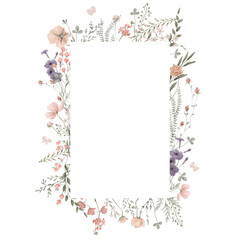 Wildflowers, Hand drawn, Floral frame with transparent background, greeting card with flowers, can be used as invitation card for wedding, birthday and other holiday