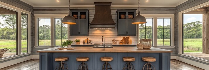 Rustic kitchen island with farmhouse sink and large windows overlooking a tranquil landscape