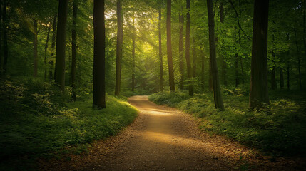 Peaceful Forest Path with Sunlight Filtering Through Trees