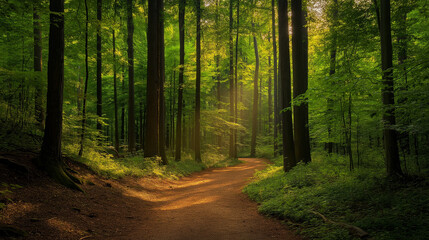 Obraz premium Peaceful Forest Path with Sunlight Filtering Through Trees